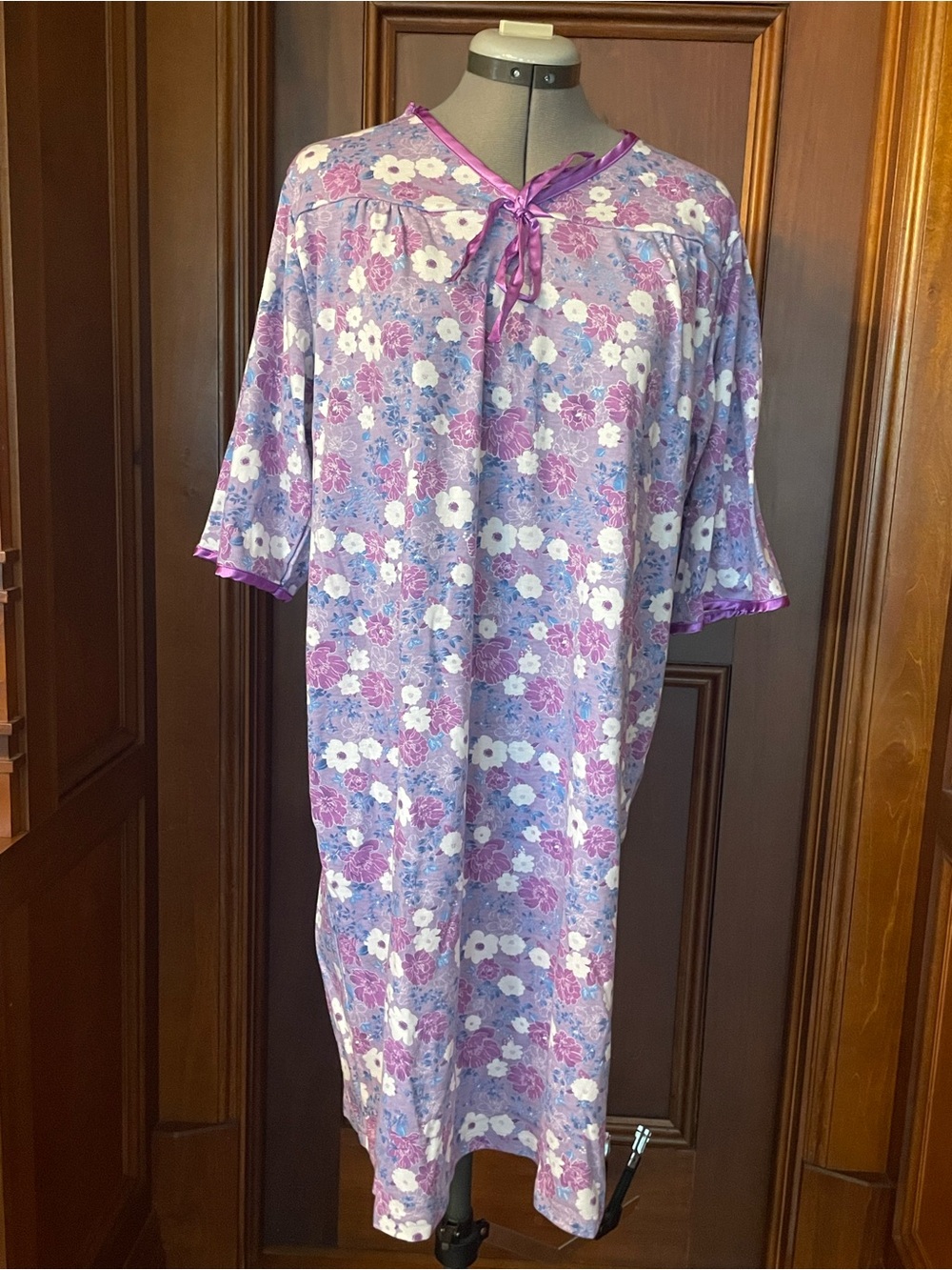 Silvert’s Floral Purple Nightgown Pajamas with Ribbon Tie